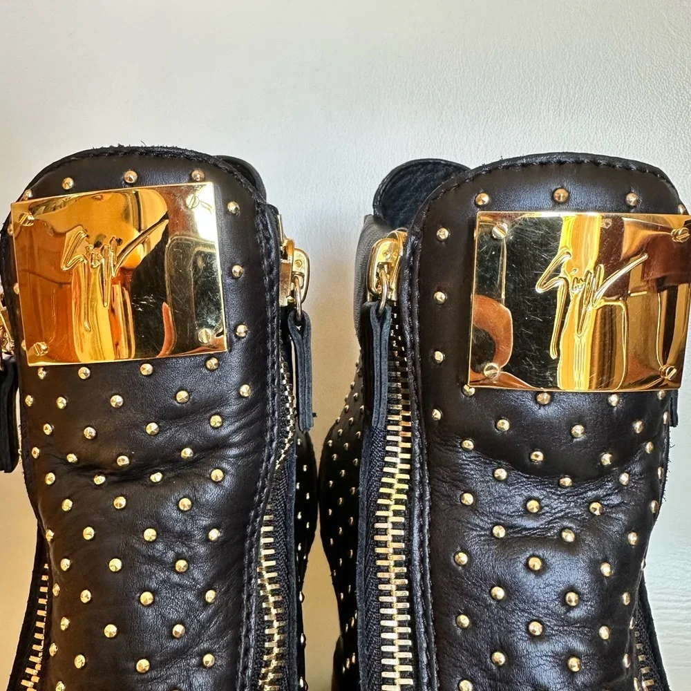Giuseppe Zanotti Wedge Sneaker Black Leather Gold Studded Boots Heels 39.5 9